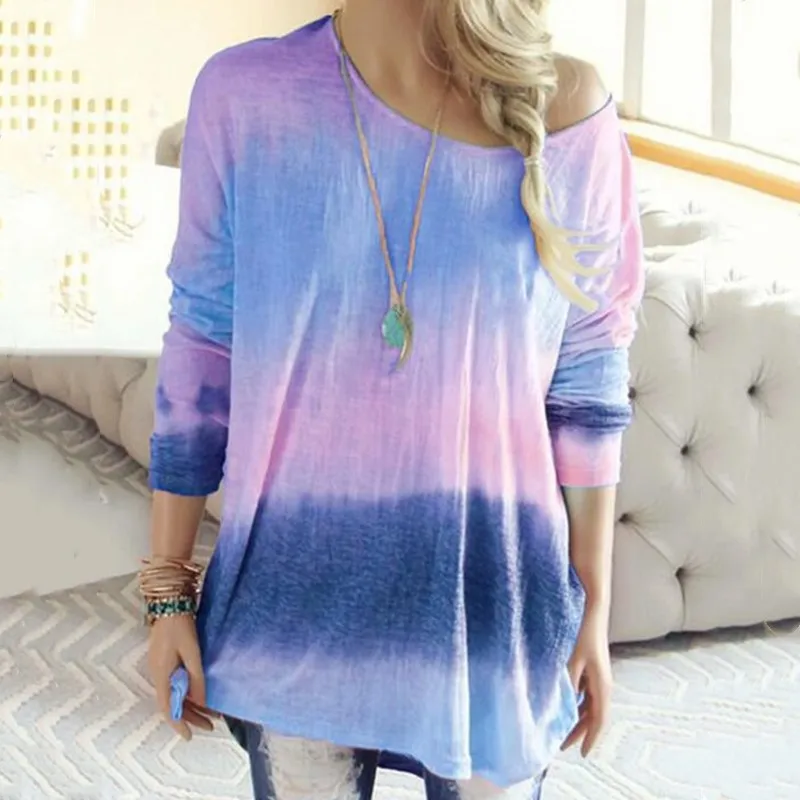 

Women Ladies Gradient Color Round Neck Shirt Blouse Long Sleeve Casual Tops TC21