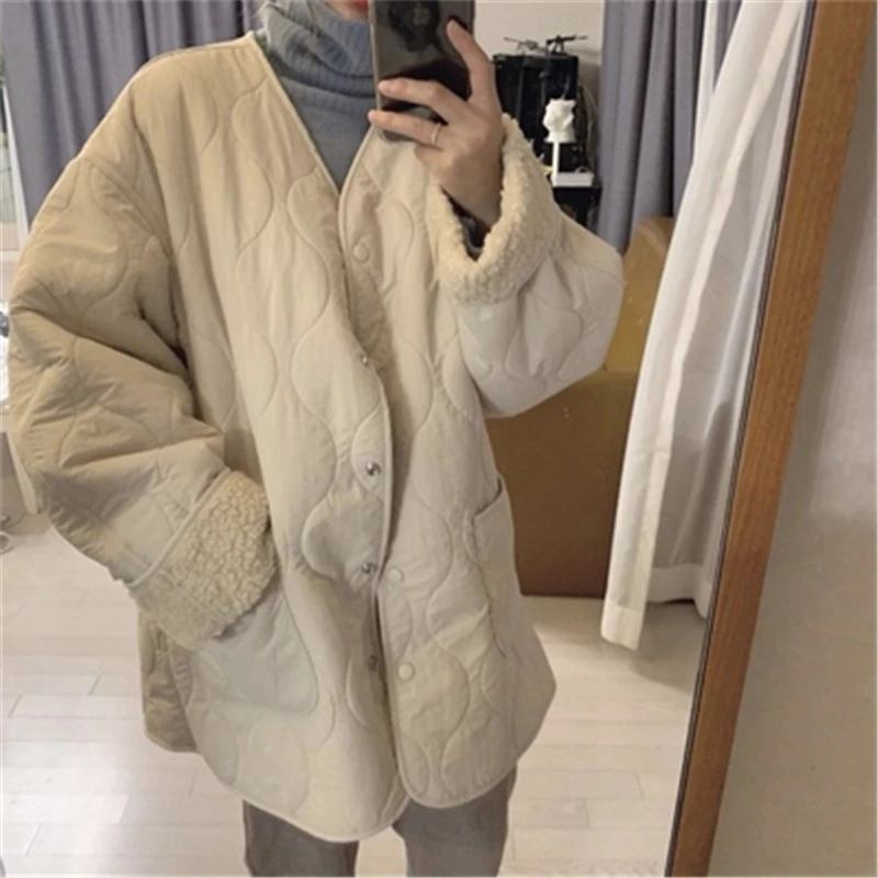

Lamb Wool Loose Cotton Jackets Women Winter Korean Loose Diamond Patchwork Solid Color Female Coats Warm Oversize Outwear