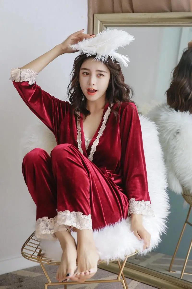 

Fashion Sexy Autumn and Winter Warm Pajamas Set Women Pajamas Deep Gold Velvet Home Service Pajamas Women Pajamas Set Trousers S