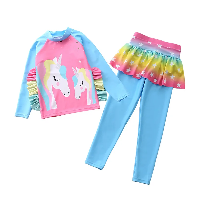 Одежда для купания девочек из двух предметов с принтом единорога русалки длинным