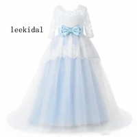 white and light blue flower girls dresses for wedding real photo long sleeves sheer neck ball gowns little girls pageant gowns