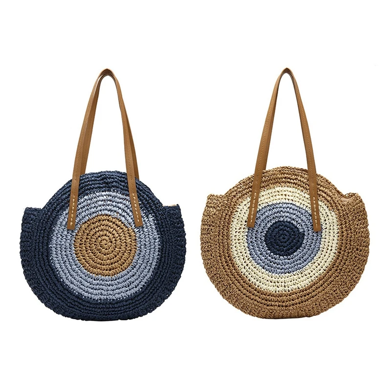 

2x Straw Bag Women's Fashion Shoulder Bag Center Round Rattan Straw Hand-Woven Bohemian Large Size Beach Bag Blue & Brown