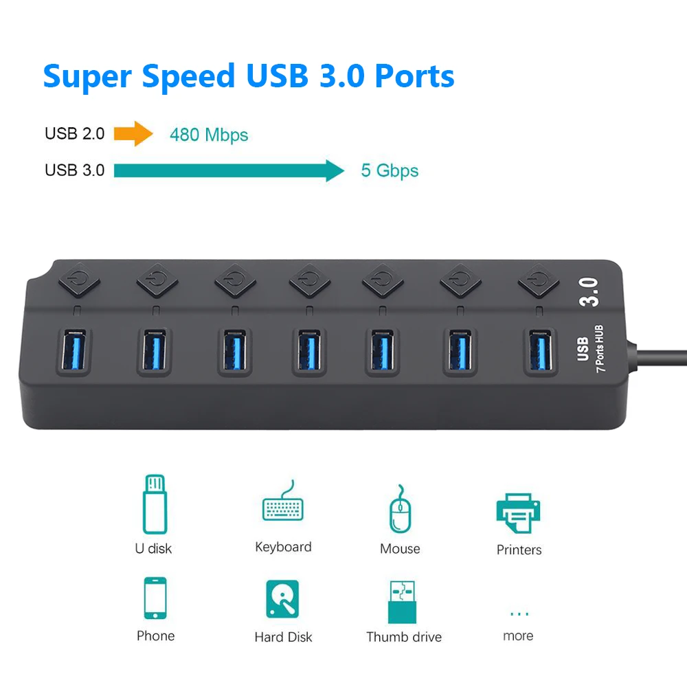 

1PC Professional 4/7 Port USB 3.0 Hub with Power Adapter High Speed External USB Splitter Expander On/Off Switch For Laptop PC