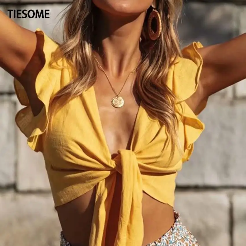 

TIESOME 2020 Summer New Butterfly Sleeve Short Deep V Top Tees Women Clothing Solid Cotton Soft Sexy Bandage T Shirts Female Top