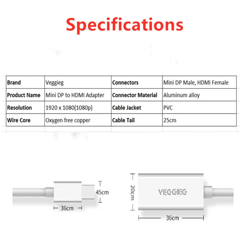 Veggieg Mini Display port to HDMI адаптер Белый (Mini DP HDMI)-Thunderbolt | Thunderbolt 2 порт совместимый