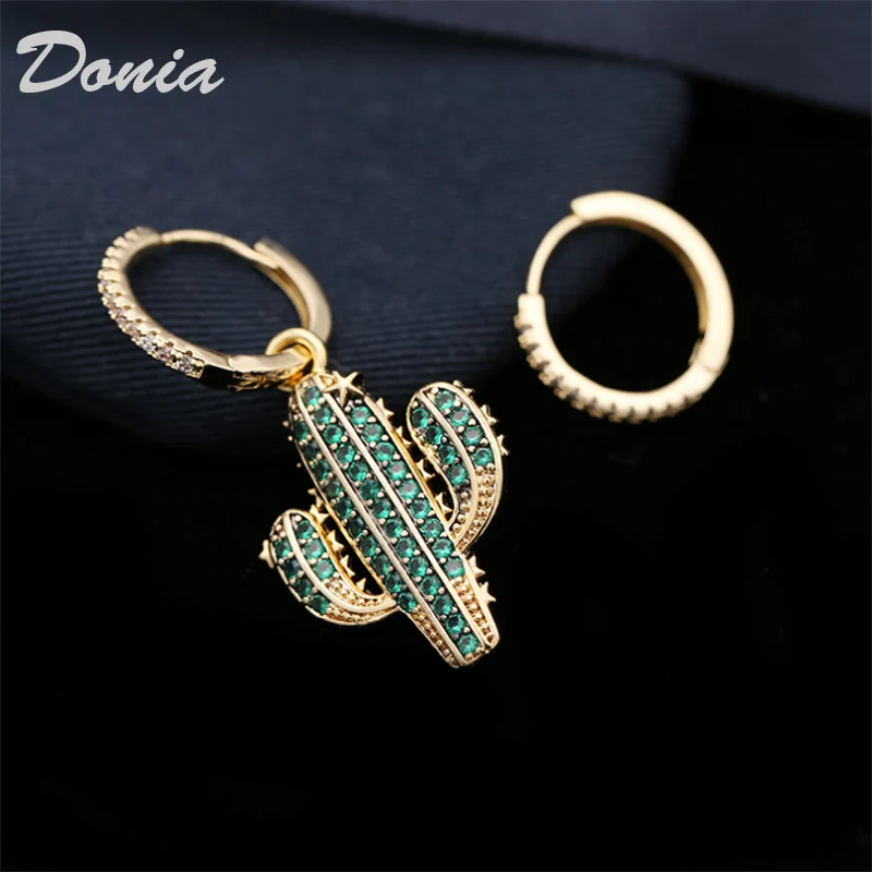 

Donia Jewelry Fashion Cactus Earrings Asymmetric AB Style Exaggerated Earrings with Green Zircon Ear Buckle Plant Earrings