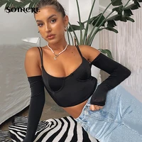 sexy patchwork off shoulder strap crop top corset women 2022 fashion long sleeve skinny t shirtparty club festival streetwear
