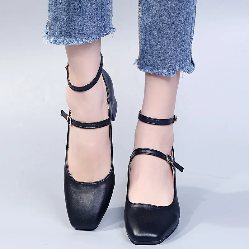 

2020 new women's high heels summer shallow Square Toe Buckle Strap Office Career shoes woman soft leather sexy pumps Thick heel
