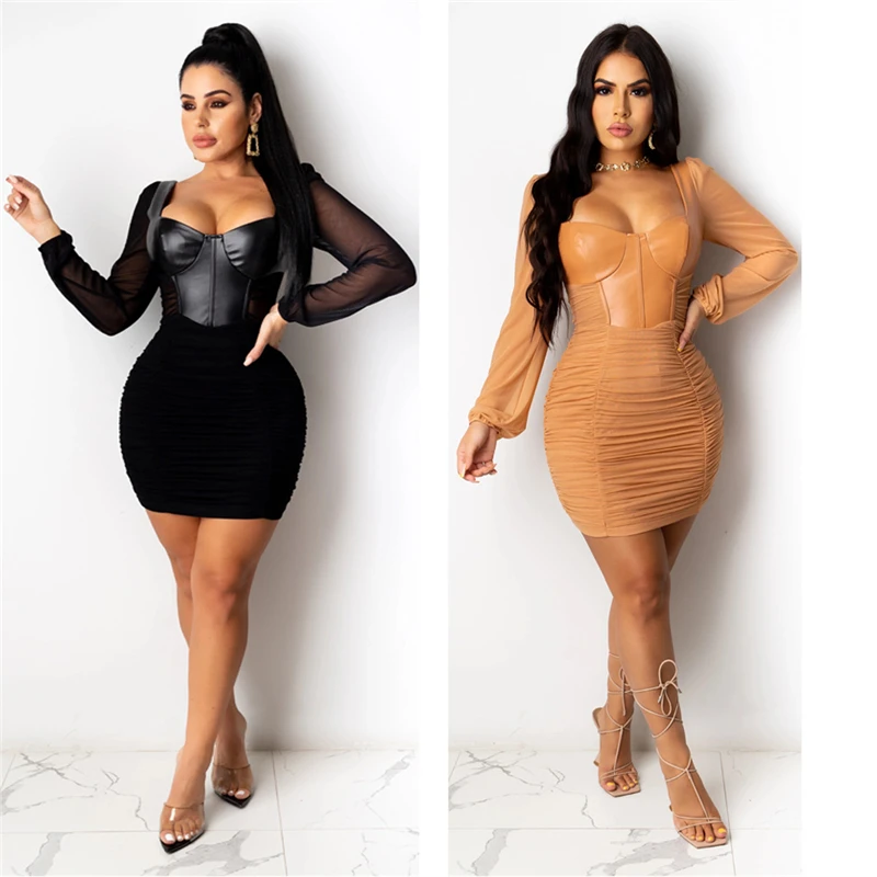 

Adogirl PU Leather Sheer Mesh Patchwork Pleated Mini Dress for Women Sexy U Neck Long Sleeve Bodycon Night Club Dresses