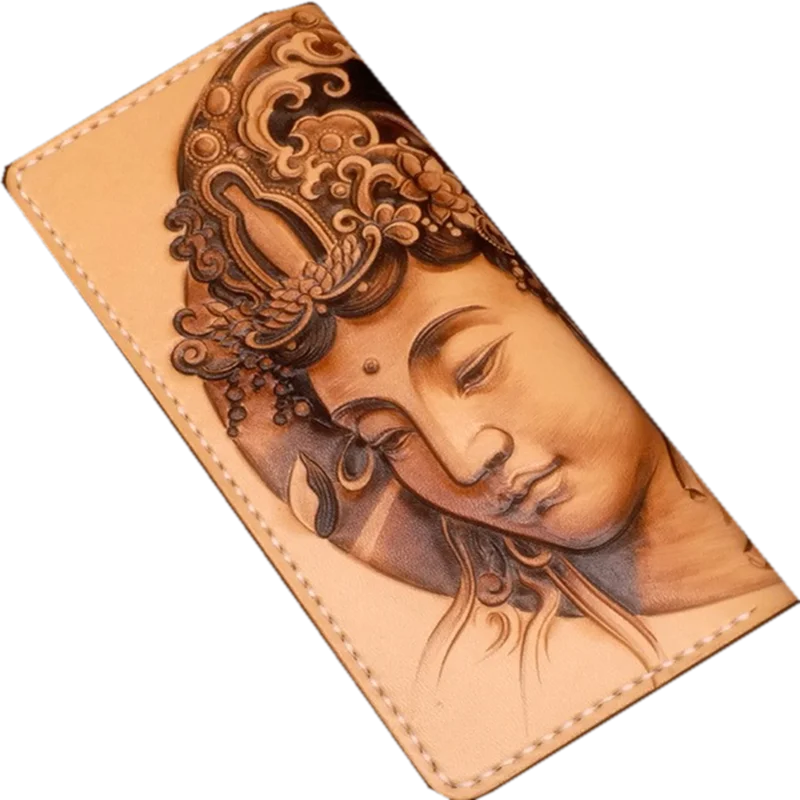 

2020 Handmade Wallets Carving Bodhisattva lotus Purses Men Long Clutch Vegetable Tanned Leather Wallet Card Holder