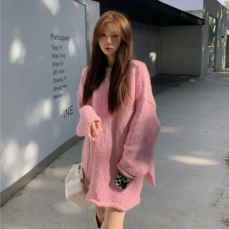 Knitted Sweater 2021 Autumn Fashion Chic French Aging Peach Powder Loose Medium And Long Sleeved Crimped Women's | Женская одежда