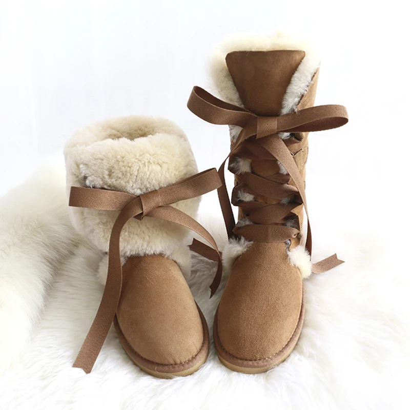 

2022 Classic Sheepskin Snow Boots Australia Knee high Winter Natural Wool Boots Sheep Fur Boots Knee Bow Flat Women Long Boots