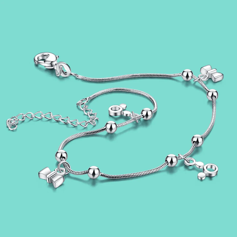 Женские 925 ножные браслеты из стерлингового серебра с прелестным бантом кулон