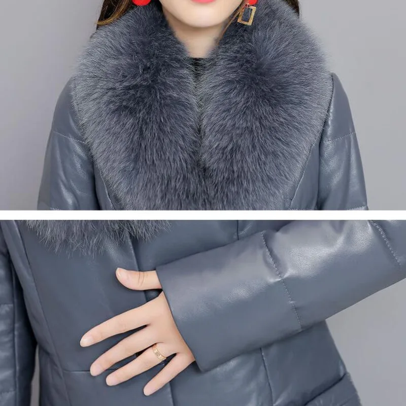 

Dames Jassen Winter New PU Leather Cotton-padded Jacket Women Mid-length Imitation Fox Fur Collar Slim Manteau Femme Hiver Coat