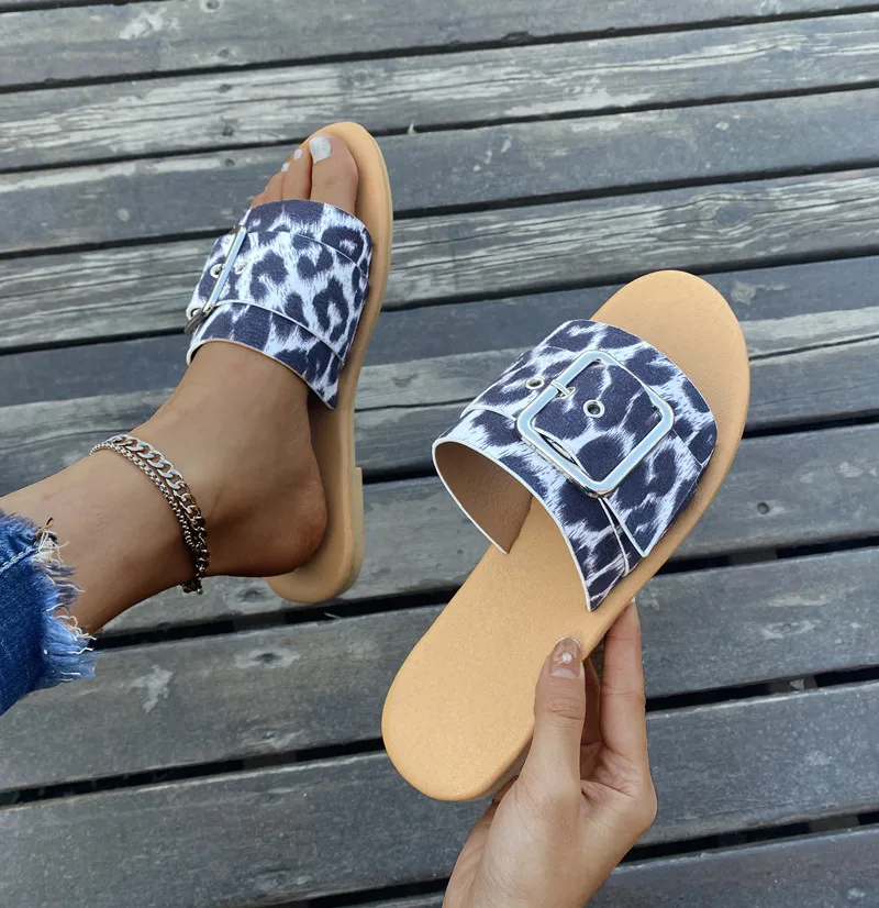 

Women Slippers Women Shoes Leather Flat Slides Flat Shoes Ladies Sandals Outdoor Summer Leopard Shoes 2021