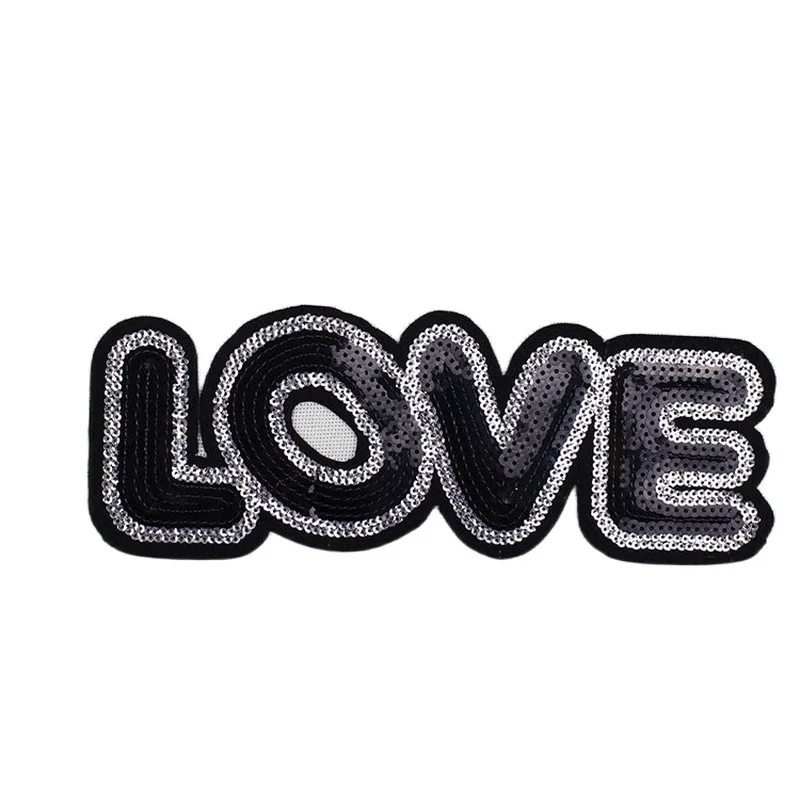 

20pcs/lot Large Sequin Embroidery Patch Black Love Silver Letter Clothing Decoration Sewing Accessory Iron Transfer Applique