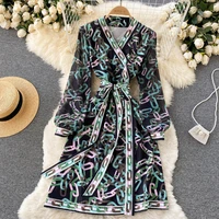 elegant vintage color chain printing v collar dresses women spring long sleeve lace up dress ladies simple clothing