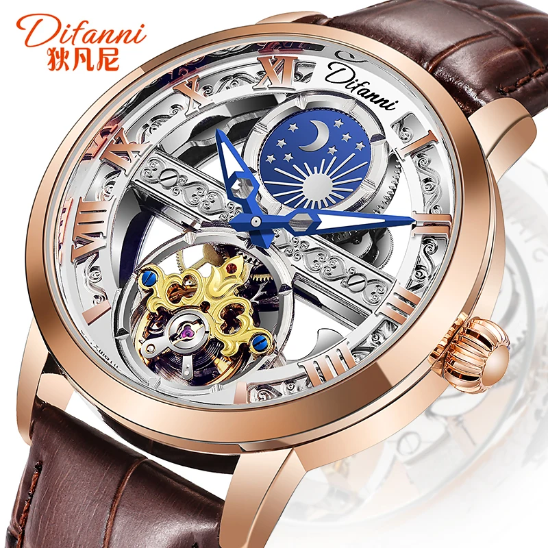 Top Brand Classic Watch Retro Automatic Mechanical Watches Mens Rose Gold Tourbillon Moon Phase Skeleton Relogio Luxo Mecanico