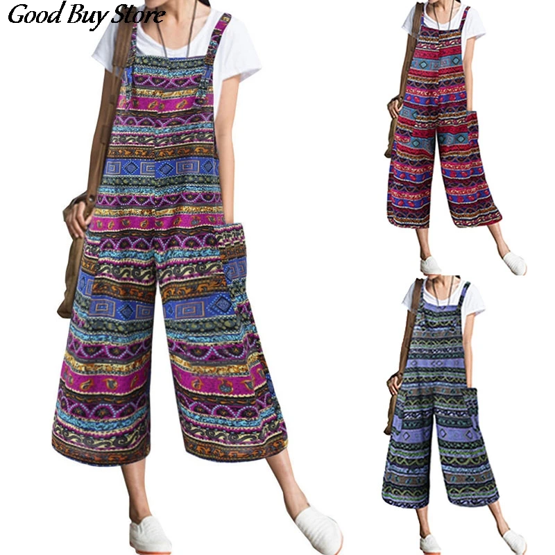 

Big Pockets Jumpsuits Women Overalls Pant Sleeveless Dungarees Plus Size Casual Romper Ethnic Style Wide Leg Oversized Bib Pants