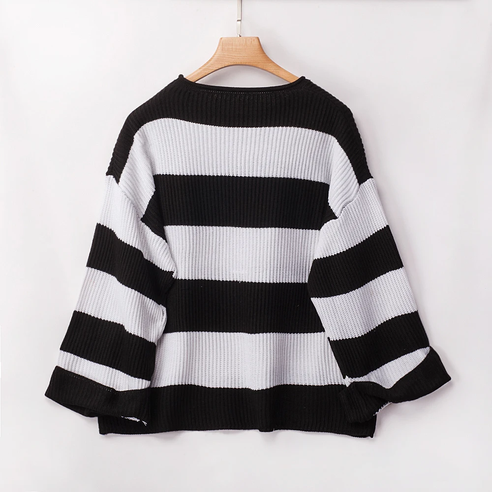 Ladies sweater long sleeve round neck pullover stripe color matching autumn and winter six senses | Женская одежда