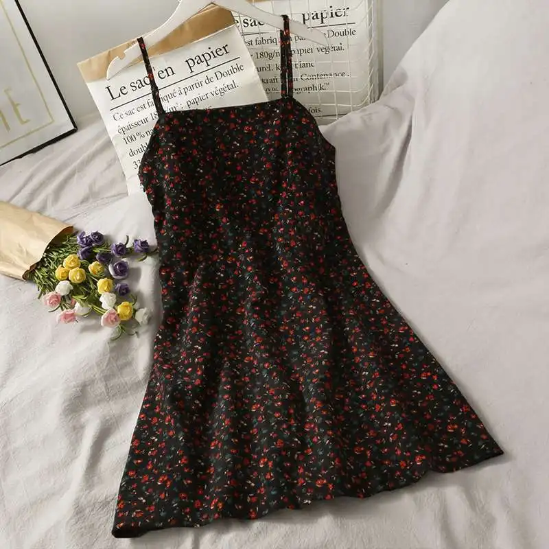 

2021 summer retro print short open back dress women's new high waist slim floral versatile suspender skirt