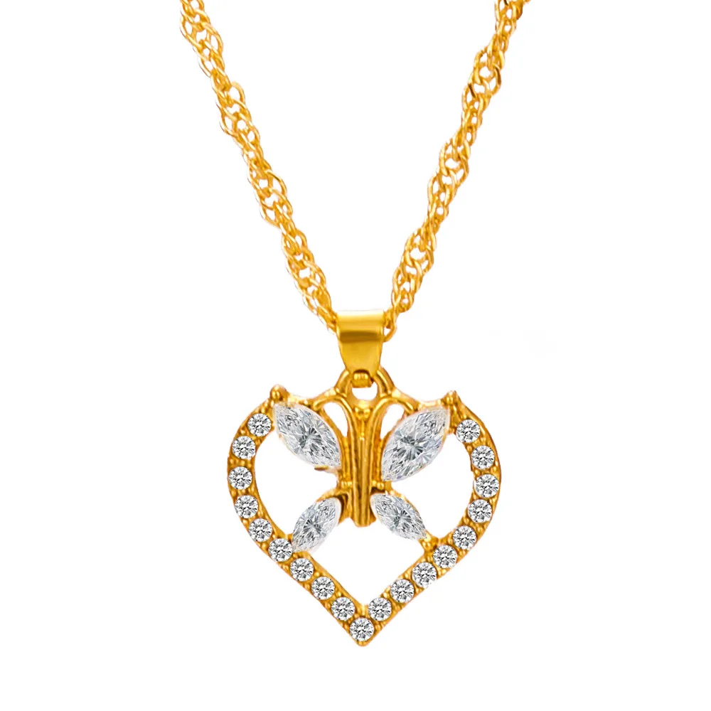 

Fashion Zircon Butterfly Love Heart Pendant Necklace Women Simple High Quality Golden Clavicle Chain Necklace Heart Shape Jewelr