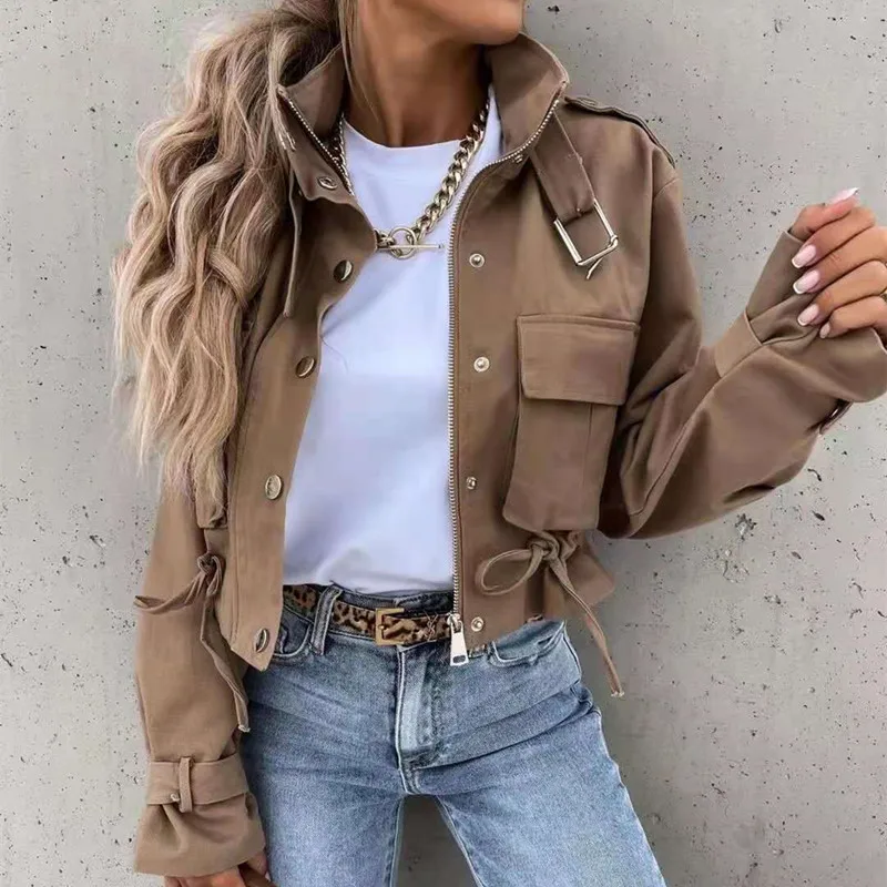 

Женское однотонное пальто с воротником-стойкой, Элегантное однобортное короткое пальто на молнии с длинным рукавом и пряжкой, Осень-зима 2021