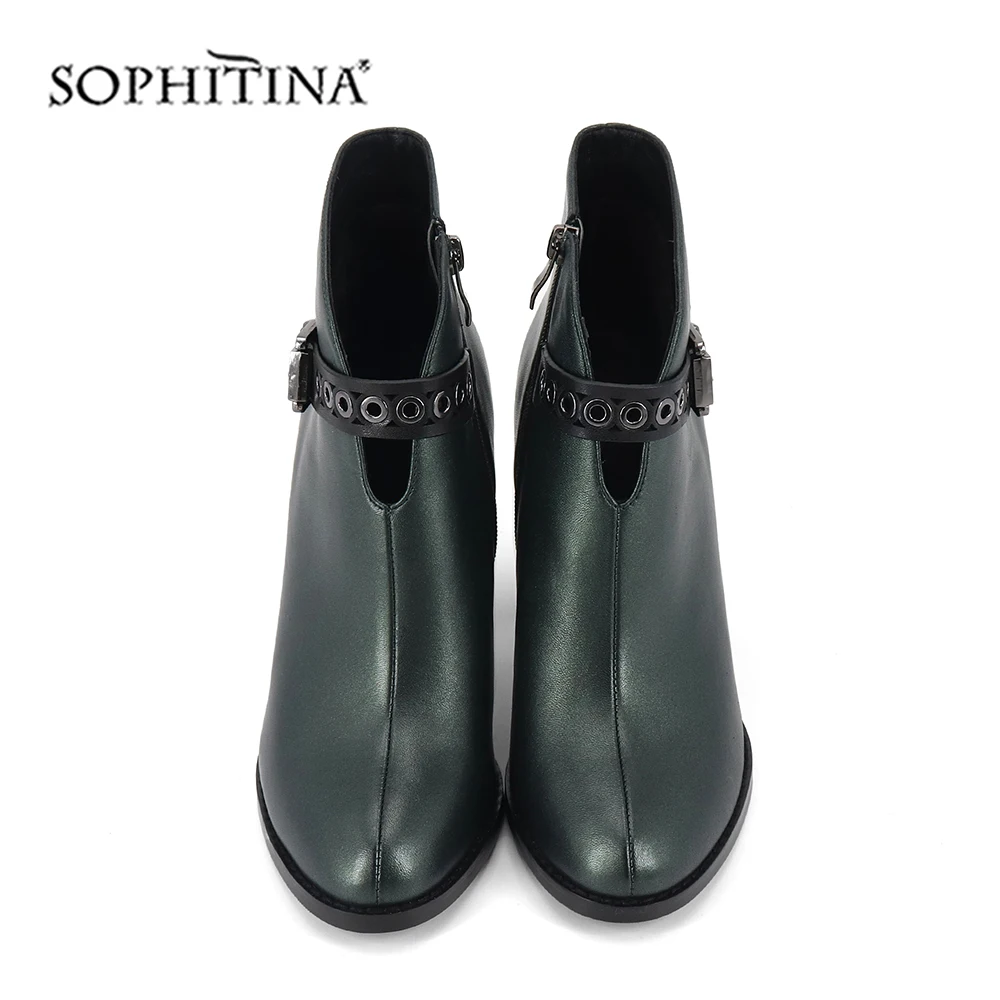 SOPHITINA/новые модные ботинки с пряжкой; Высококачественная однотонная удобная женская обувь из овечьей кожи на квадратном каблуке; ботильоны с круглым носком; SC407