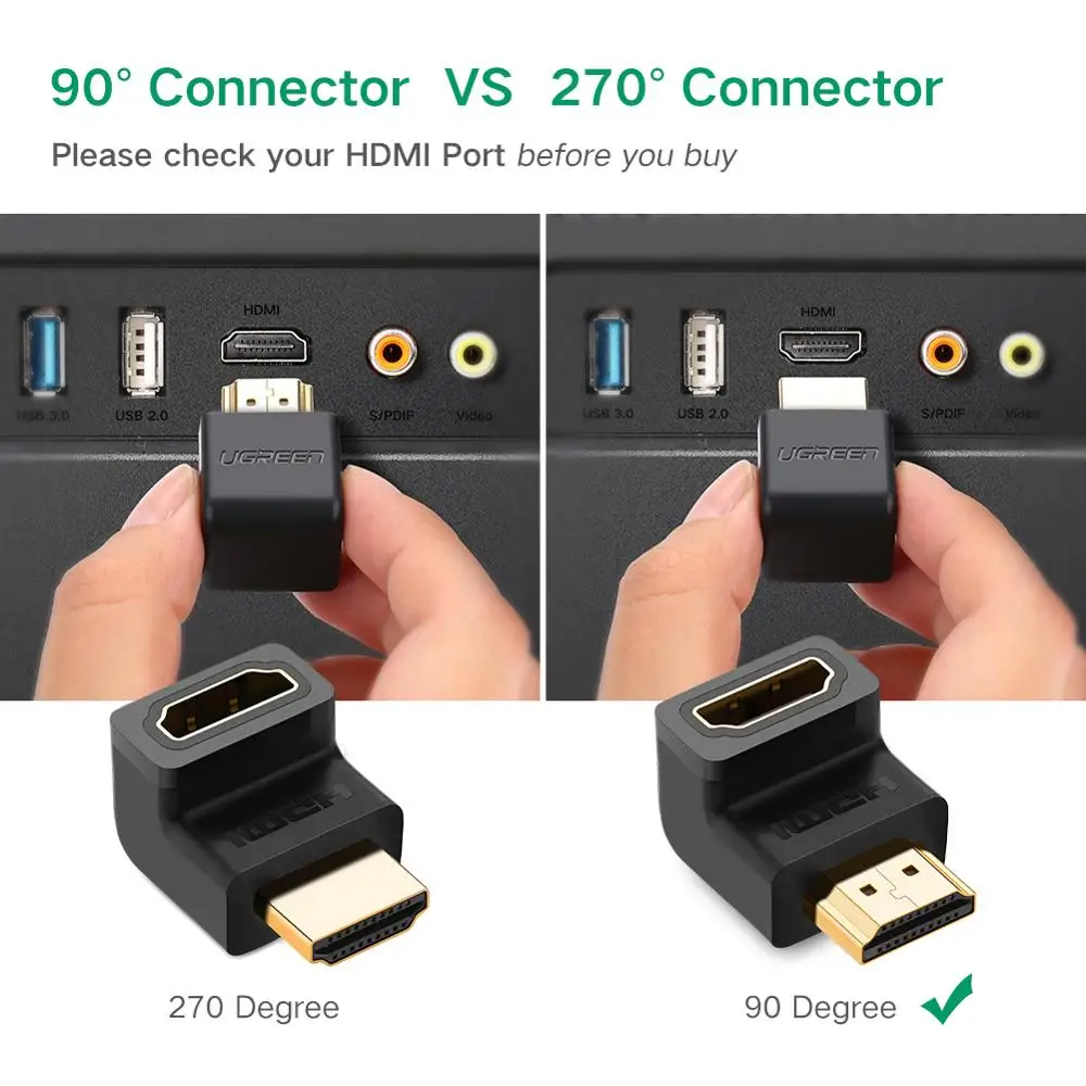 Адаптер UGREEN HDMI совместимый с 4K 90 градусов позолоченный Высокоскоростной разъем