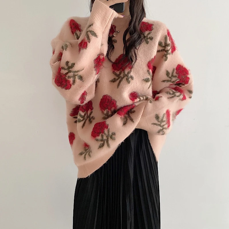 

Korean Style O-neck Oversized Floral Sweater Women Autumn Winter Long Sleeve Rose Black Pink Sweater Elegant Fashion Ladies Tops