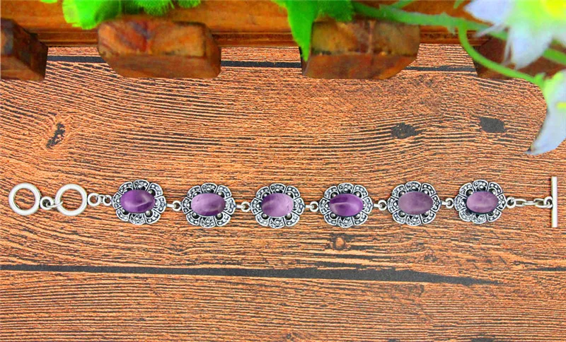 Natural Purple Stone Bracelet Plum Flower Design Vintage Look Antique Silver Plated Fashion Jewelry TB334