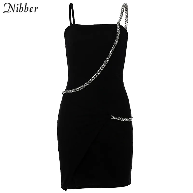 Nibber готический панк металлическая цепь дизайн Bodycon мини платье 2019осеннее Harajuku уличное повседневное короткое платье стрейч простое платье Mujer - Цвет: Черный