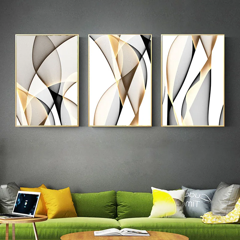 

Abstract Wall Art Simple Golden Grey Lines Paintings Nordic Canvas Posters Prints Canvas Living Room Bedroom Corridor Decoration