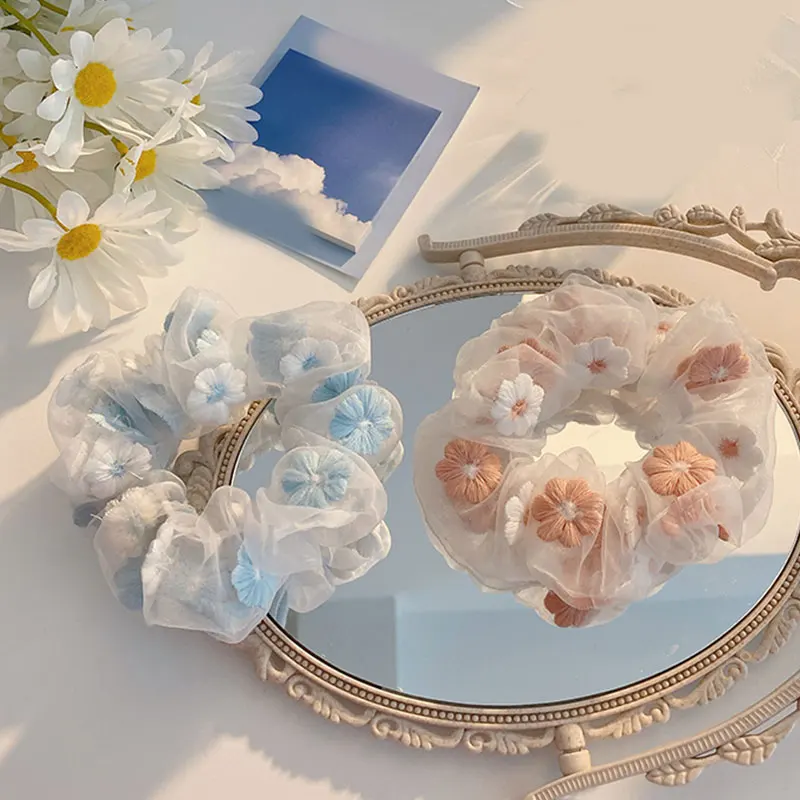 

Romantic Pink Blue Hair Ties Embroidery Flowers Mesh Hair Scrunchie Women Transparent Tulle Organza Hair Rope Hair Accessories