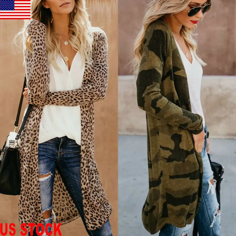 Женский Повседневный Кардиган с леопардовым принтом длинное пальто свободного