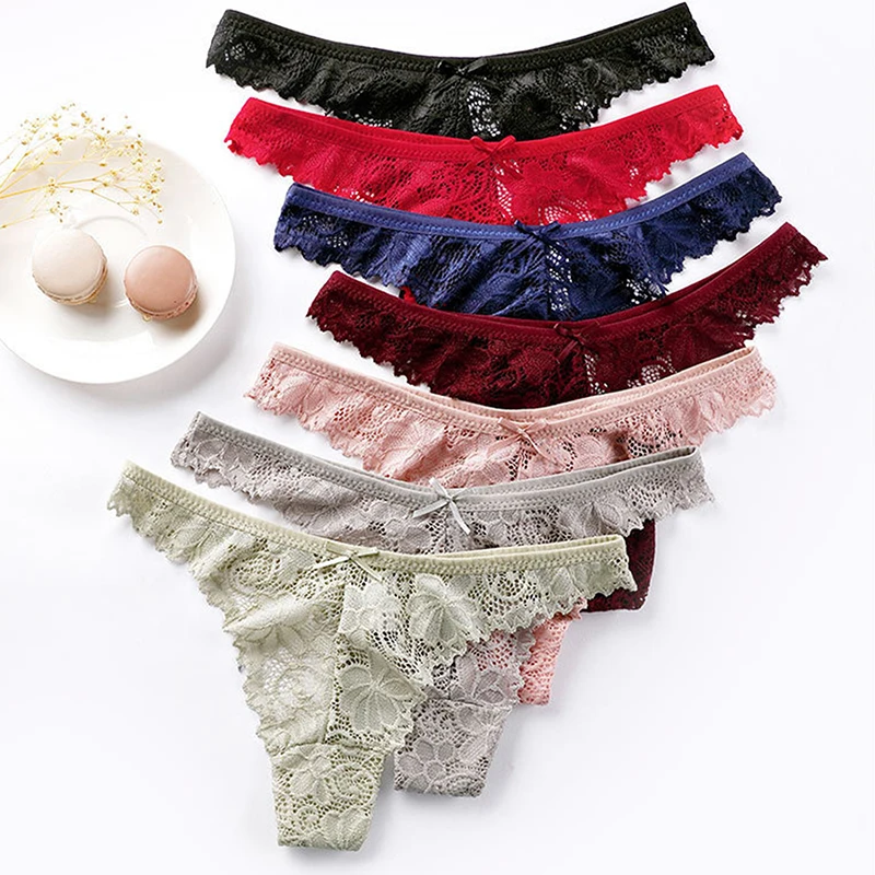 

7 Colors Sexy Women Panties G String Solid Color Floral Seamless Lace Underwear Bow Transparent Low Rise Hollow Out Lingerie