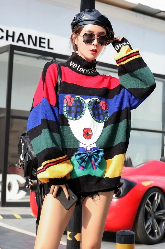 

Thailand popular logo 2020 autumn/winter new color contrast cartoon sweater loose medium long turtleneck long sleeve sweater