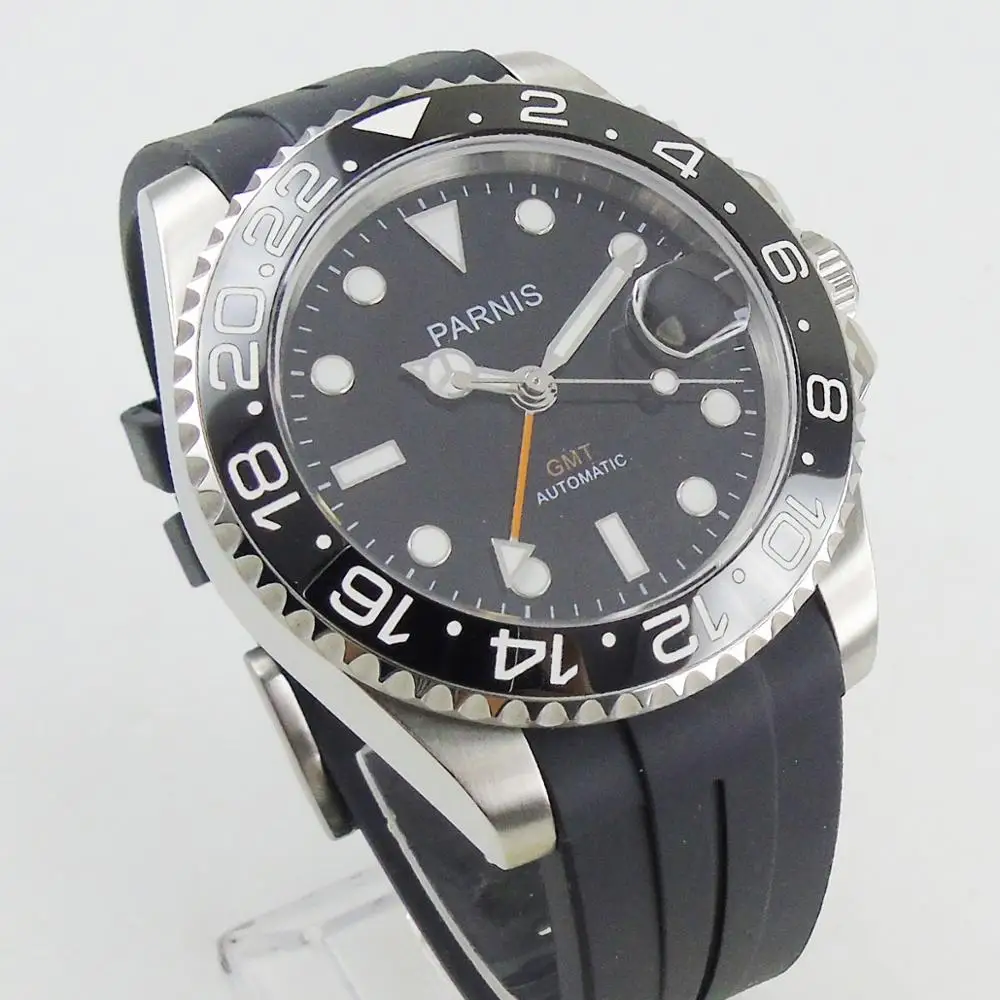 PARNIS 40 мм полированный чехол автоматические мужские часы резиновый ремешок GMT