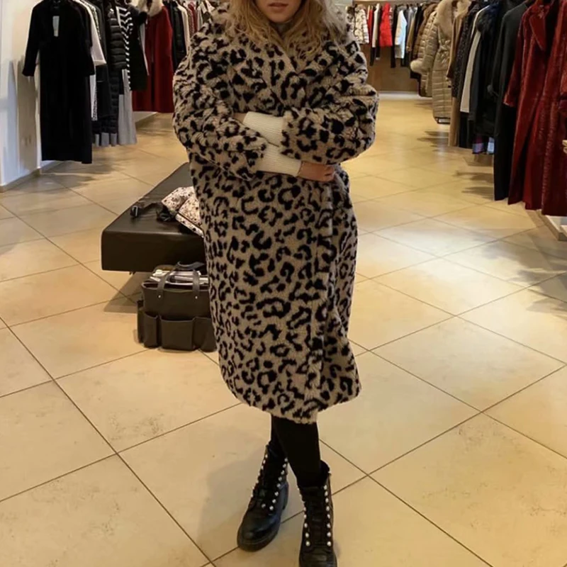 Осень Зима Новая Винтажная леопардовая печать длинный искусственный мех