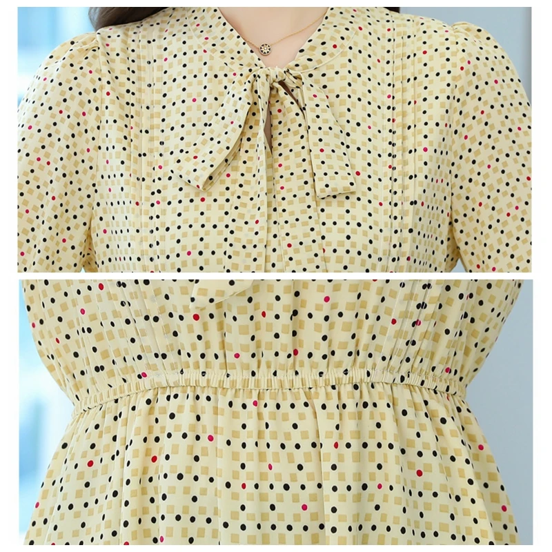 

Women summer chiffon dress fashion bow plaid polka dot dress women casual elastic high waist long-sleeved midi dress female
