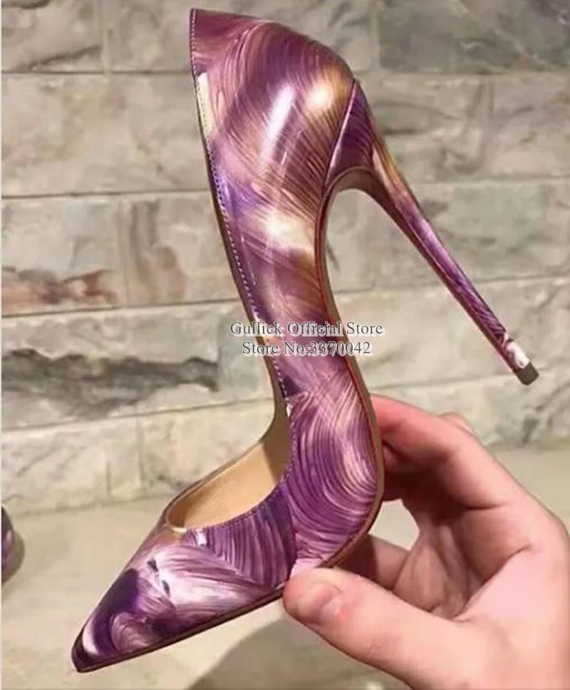 

Sexy Purple Printed Patent Leather Dress Shoes Pointed toe Gladiator 12CM 10CM 8CM Stiletto Heel Pumps Patchwork Banquet Shoes