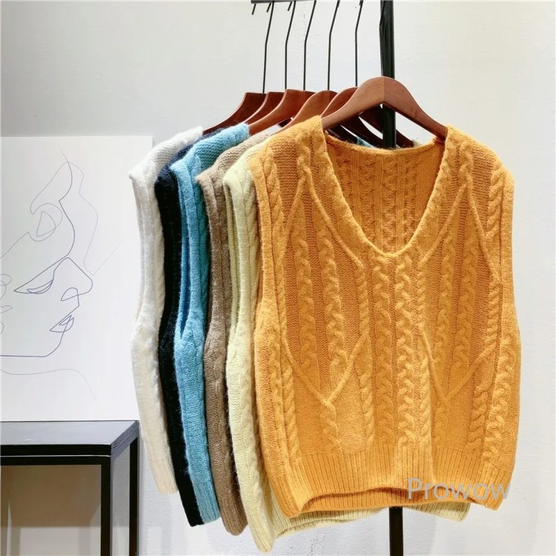 

Твердые твист вязаный жилет свитер для женщин; Сезон весна-осень; В стиле «Джокер», жилетка, жилет Топ простой v-образным вырезом свитер без р...