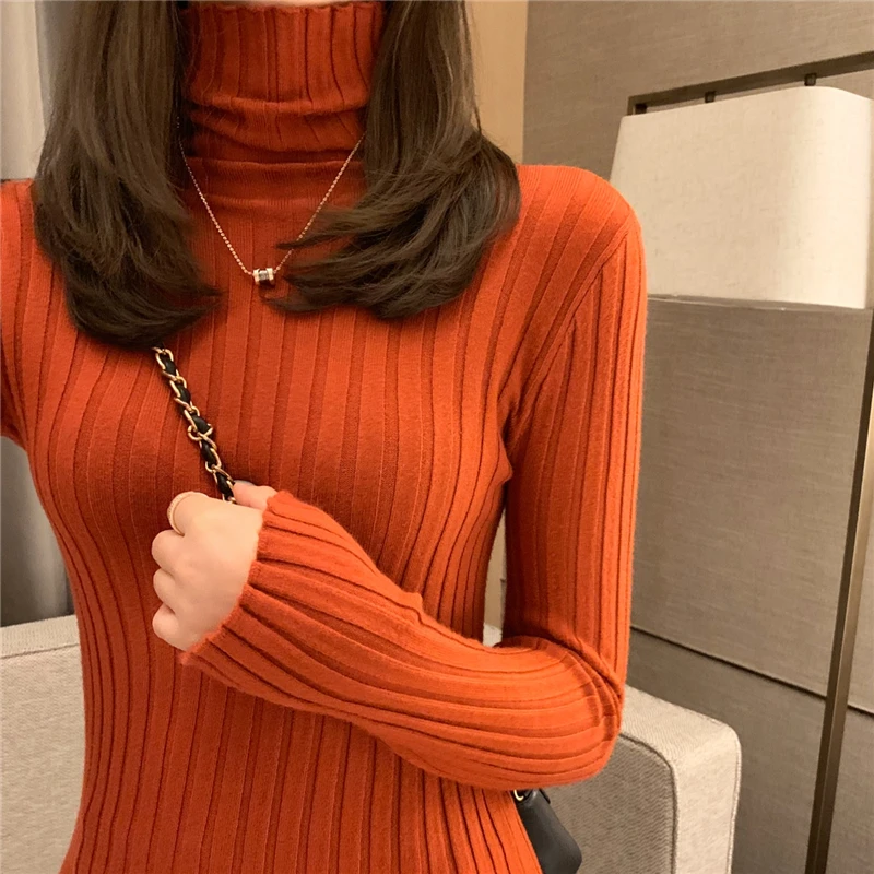 Осень Зима Водолазка Свитер облегающий женский однотонный базовый пуловер