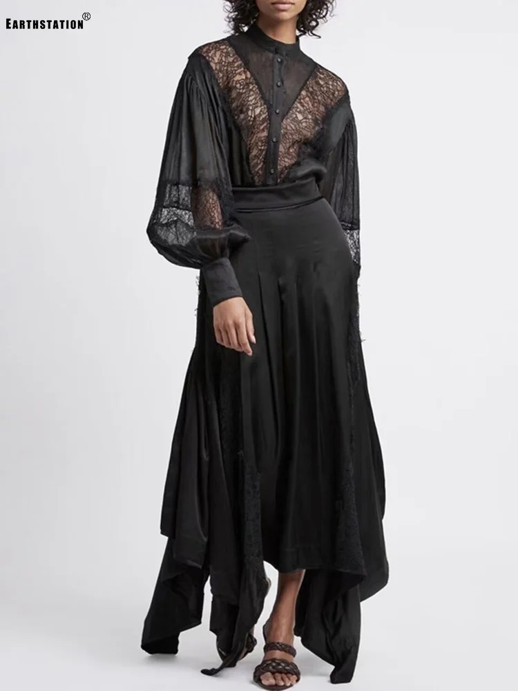 

Heavy craftsmanship stitching lace loose shirt two-piece suit ladies spring 2021 new style + high waist irregular skirt suit