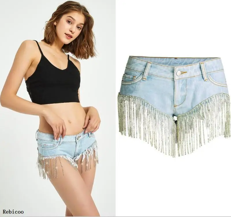 

Rebicoo Summer Fashion Streetwear Bling Bling Diamonds Tassel Shorts Jeans Women Stylish Denim Pants