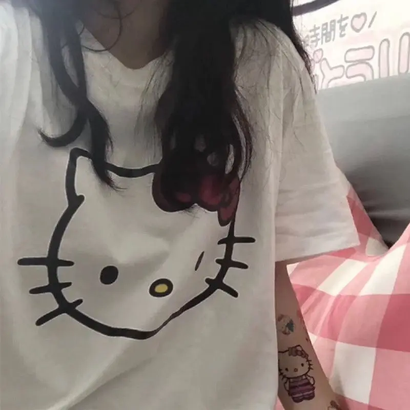 

New 2021 Cartoon Print Shirts Woman Girls Summer Animal Cat Short Sleeve Graphic Oversize Harajuku Casual Loose T-shirt Tee Top