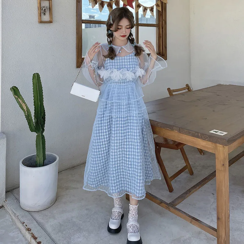 

First love skirt super fairy sweet temperament gentle small fresh waist slim plaid sling dress+mesh Joker top 2 piece set