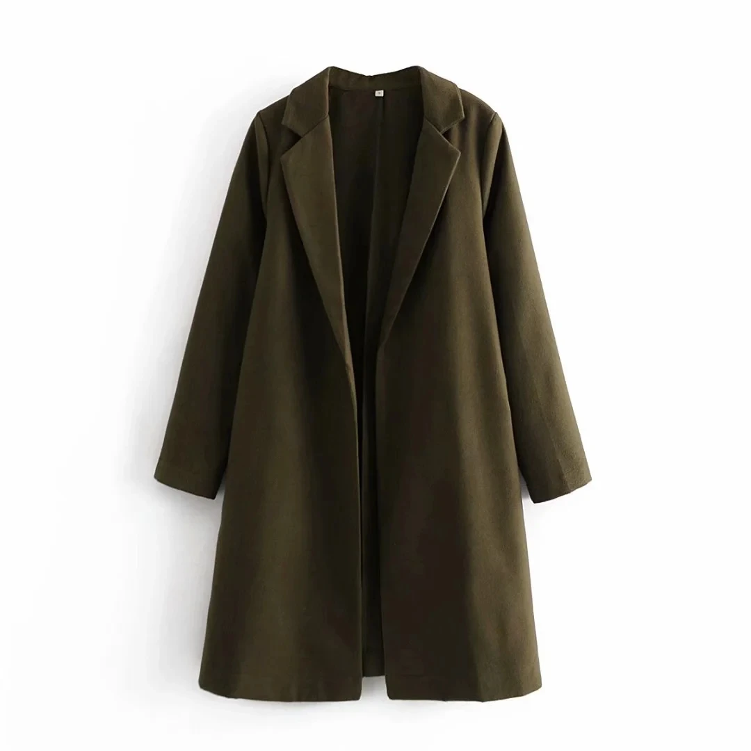 

UNIQYB ZA Women Clothes Open Stitch Solid Overcoat Trendy Blends Turn Down Collar High Street Female Outerwear Army Green Mujer