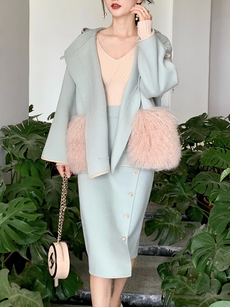 Новый дизайн Элегантный шерстяной комплект из двух предметов платье с капюшоном