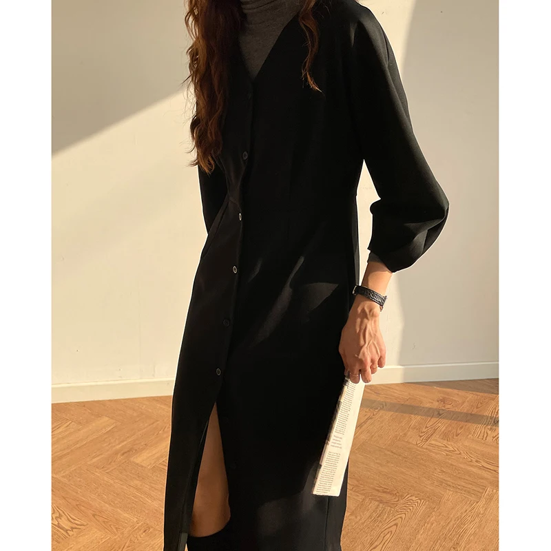 

Korean Chic Early Spring New French Style Retro Slimming V-neck Single Breasted Eight-Quarter Sleeve Slim Mid-Length Dress